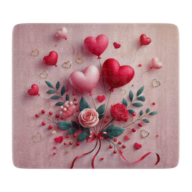 Cute Valentine's balloons & roses Cutting Board (Front)