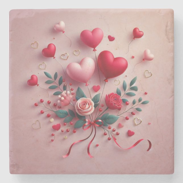 Cute Valentine's balloons & roses Stone Coaster (Front)