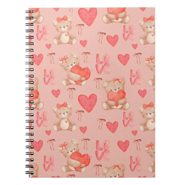 Cute Valentines Brown Teddy Bear Seamless Pattern Notebook (Front)