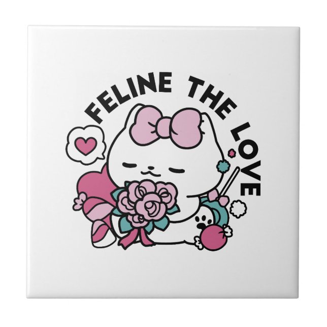 Cute Valentine's Cat Design – Feline the Love Ceramic Tile (Front)