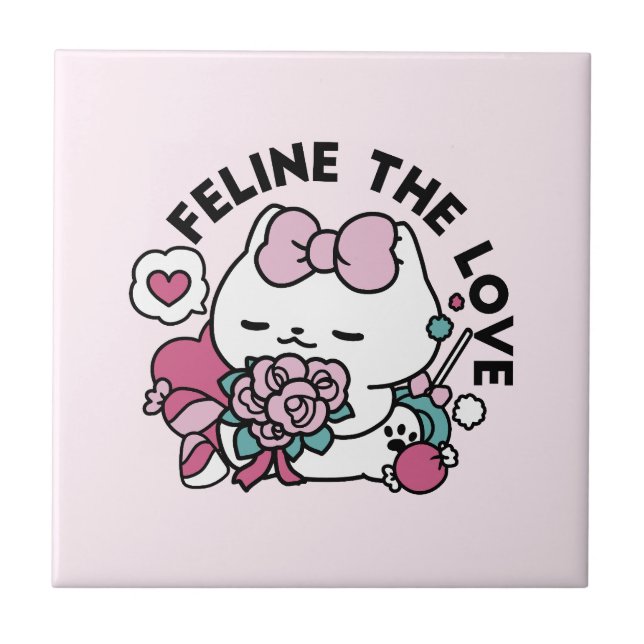 Cute Valentine's Cat Design – Feline the Love Ceramic Tile (Front)