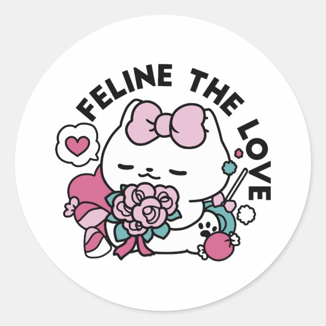 Cute Valentine's Cat Design – Feline the Love Classic Round Sticker (Front)