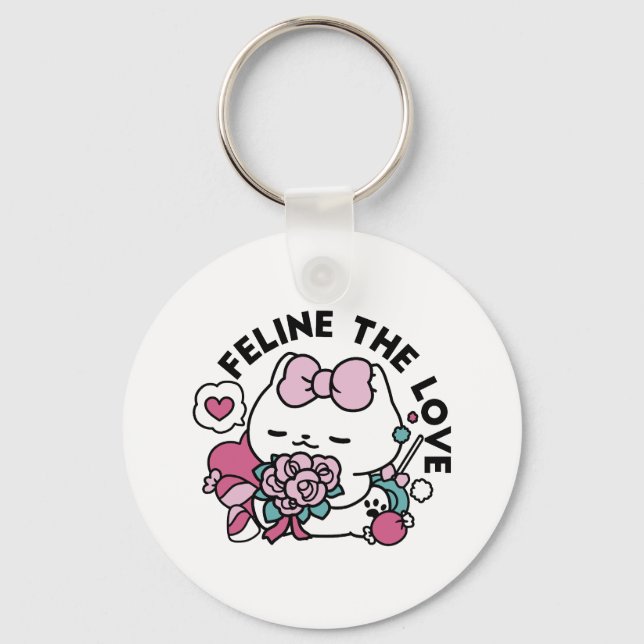 Cute Valentine's Cat Design – Feline the Love Key Ring (Front)