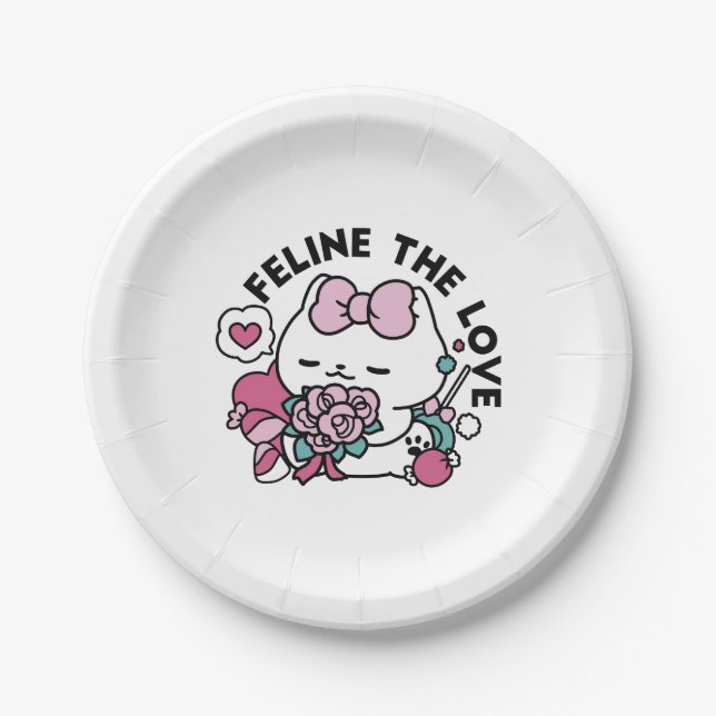 Cute Valentine's Cat Design – Feline the Love Paper Plate (Front)