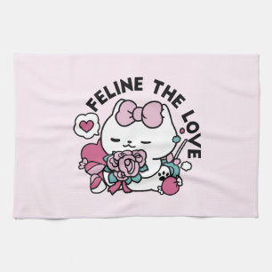 Cute Valentine's Cat Design – Feline the Love Tea Towel