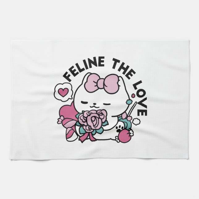 Cute Valentine's Cat Design – Feline the Love Tea Towel (Horizontal)