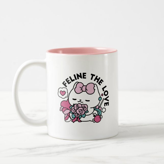 Cute Valentine's Cat Design – Feline the Love Two-Tone Coffee Mug (Left)