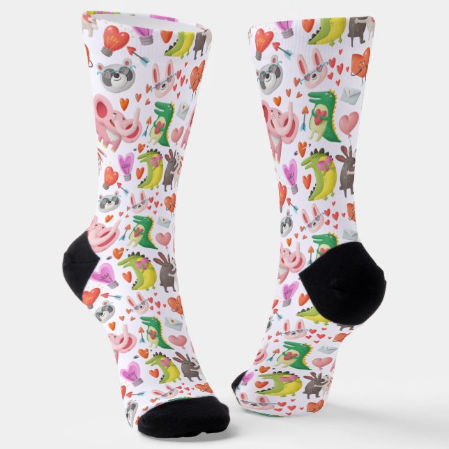 Cute Valentine's Day Animal Heart Funny Whimsical Socks (Angled)