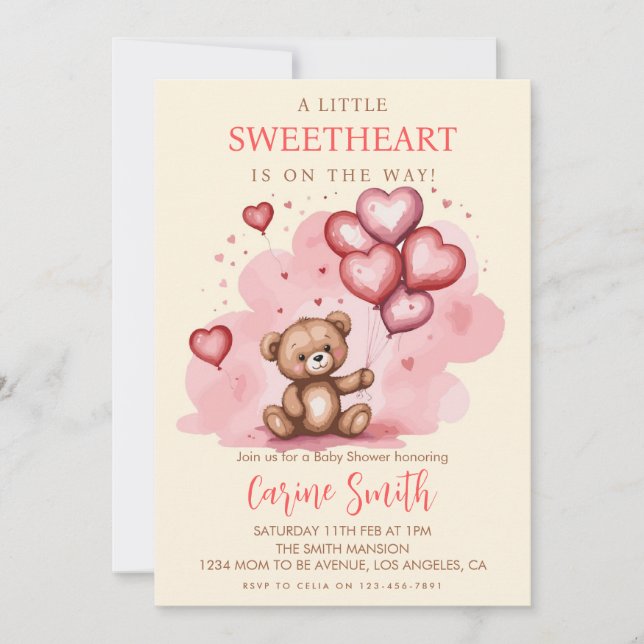 Cute Valentine's Day Baby Shower Bear Hearts  Invitation (Front)