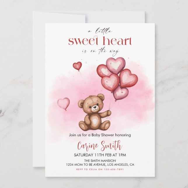 Cute Valentine's Day Baby Shower Bear Hearts  Invitation (Front)