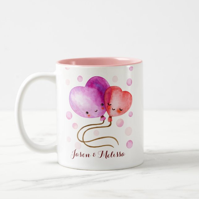 Cute Valentine's Day Balloons Monogram Two-Tone Coffee Mug (Left)