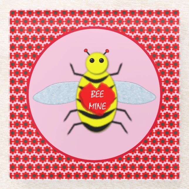 Cute Valentines Day Bee Glass Coaster (Front)