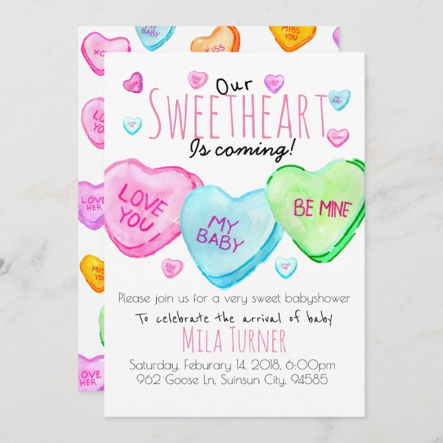 Cute Valentines Day candy heart baby shower invite (Front/Back)