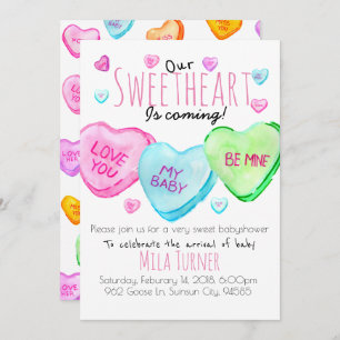 Cute Valentines Day candy heart baby shower invite