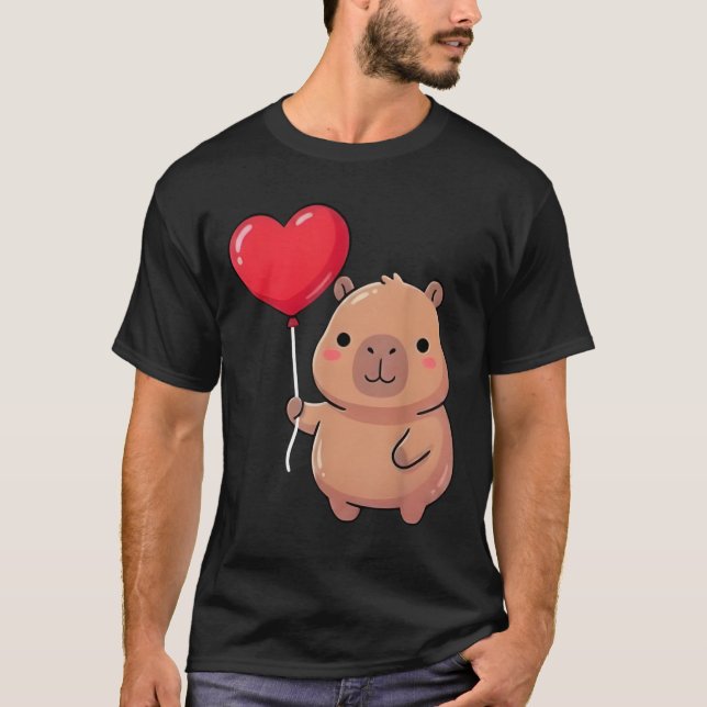 Cute Valentine's Day Capybara Holding Heart Balloo T-Shirt (Front)