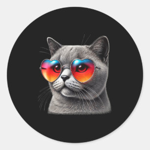 Cute Valentines Day Cat Heart Sungles Women Girls Classic Round Sticker