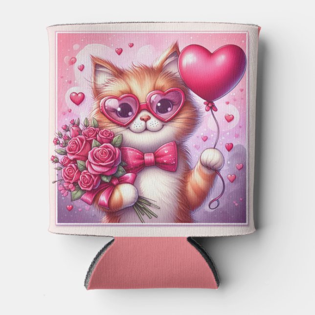 Cute Valentine's day cat/kitten Can Cooler (Front)