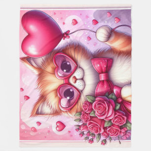 Cute Valentine's day cat/kitten Fleece Blanket