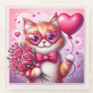 Cute Valentine's day cat/kitten Glass Coaster