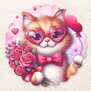 Cute Valentine's day cat/kitten Paper Coaster