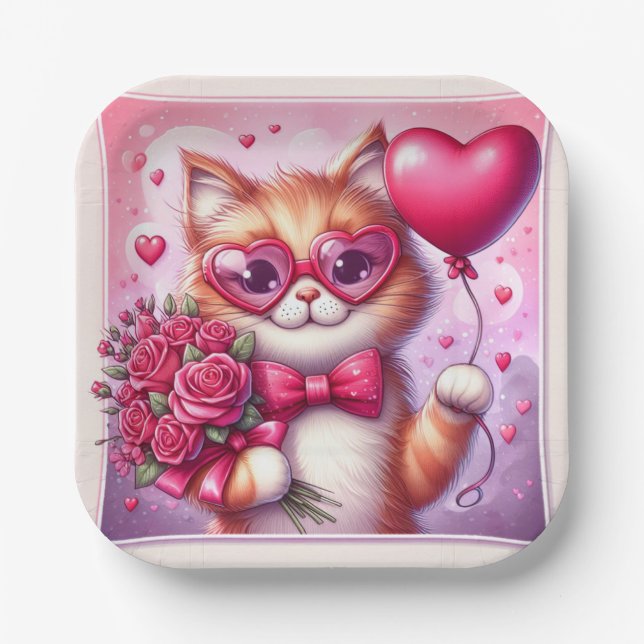 Cute Valentine's day cat/kitten Paper Plate (Front)