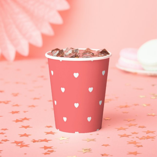 Cute Valentine's Day Coral Red Heart Pattern Paper Cups (Insitu)