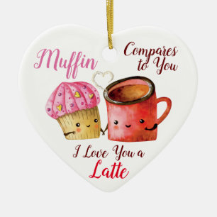 Cute Valentine's Day Cupcake and Coffee Mug Couple Ceramic Ornament