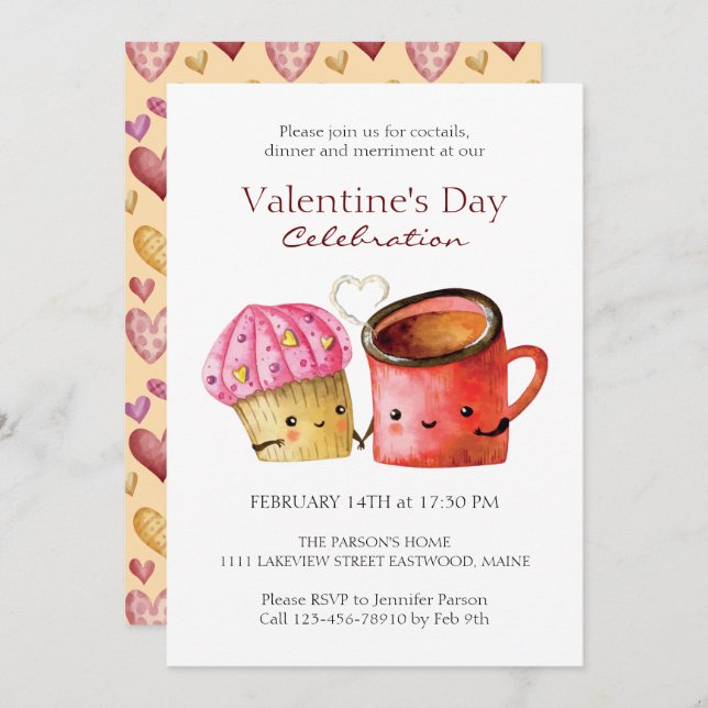 Cute Valentine's Day Cupcake and Coffee Mug Couple Invitation (Front/Back)