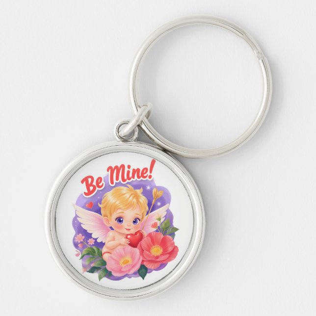 Cute Valentine's Day Cupid with "Be Mine" Key Ring (Front)