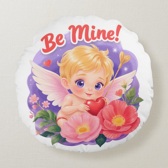 Cute Valentine's Day Cupid with "Be Mine" Round Cushion (Front)