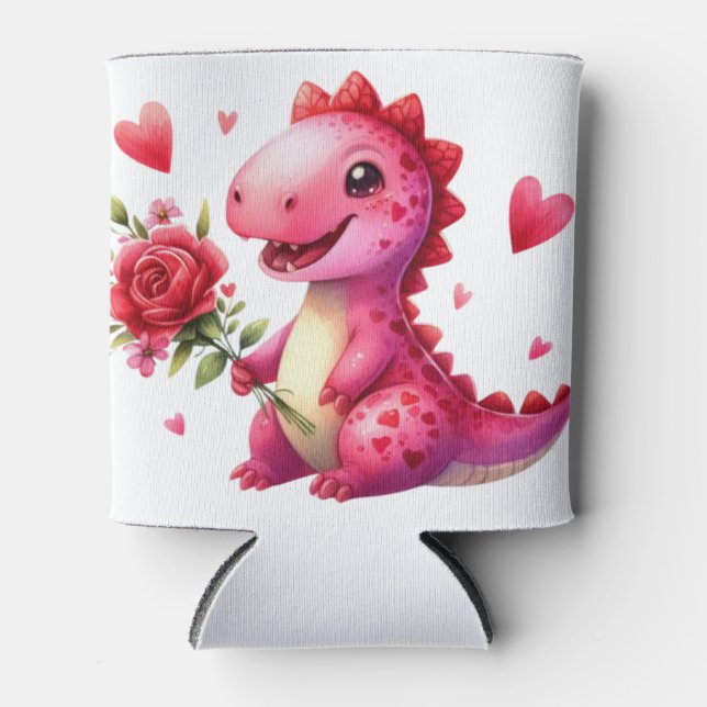 Cute Valentine's day dinosaur Can Cooler (Front)