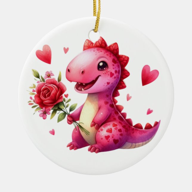 Cute Valentine's day dinosaur Ceramic Ornament (Front)