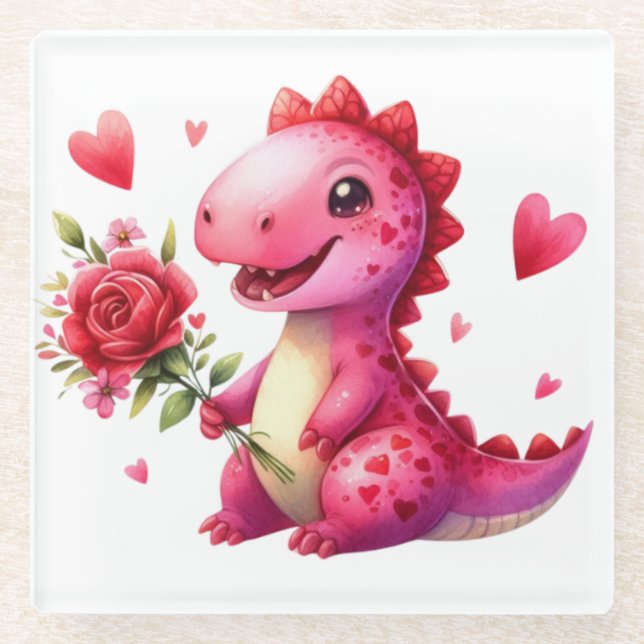 Cute Valentine's day dinosaur Glass Coaster (Front)