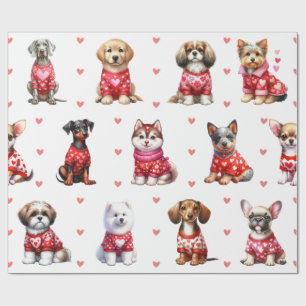 Cute Valentine's Day Dogs on White Wrapping Paper