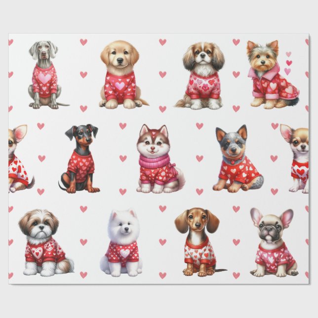 Cute Valentine's Day Dogs on White Wrapping Paper (Flat)