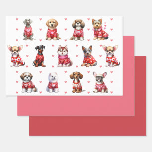 Cute Valentine's Day Dogs on White Wrapping Paper Sheet