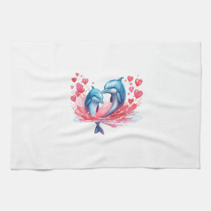 Cute Valentine's Day Dolphin Couple Tea Towel
