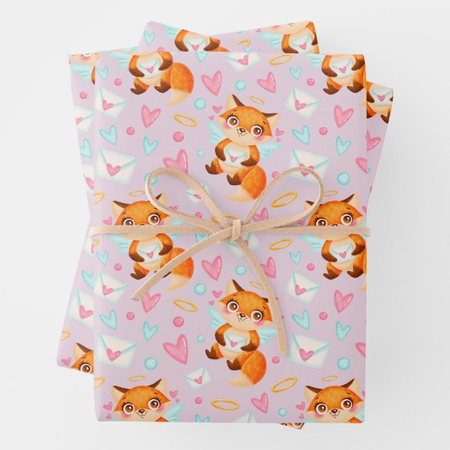Cute Valentine's Day Fox with Hearts Wrapping Paper Sheet (In situ)