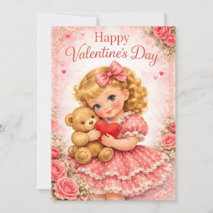 Cute Valentine's Day Girl with Teddy Bear Invitation