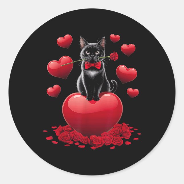 Cute Valentines Day Heart Black Cat Women Girls Ki Classic Round Sticker (Front)