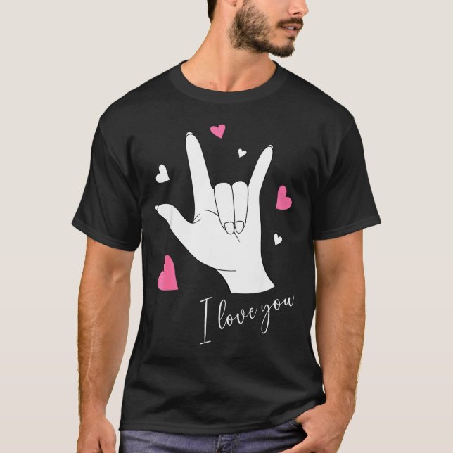 Cute Valentines Day Hearts I Love You Hand Sign La T-Shirt (Front)