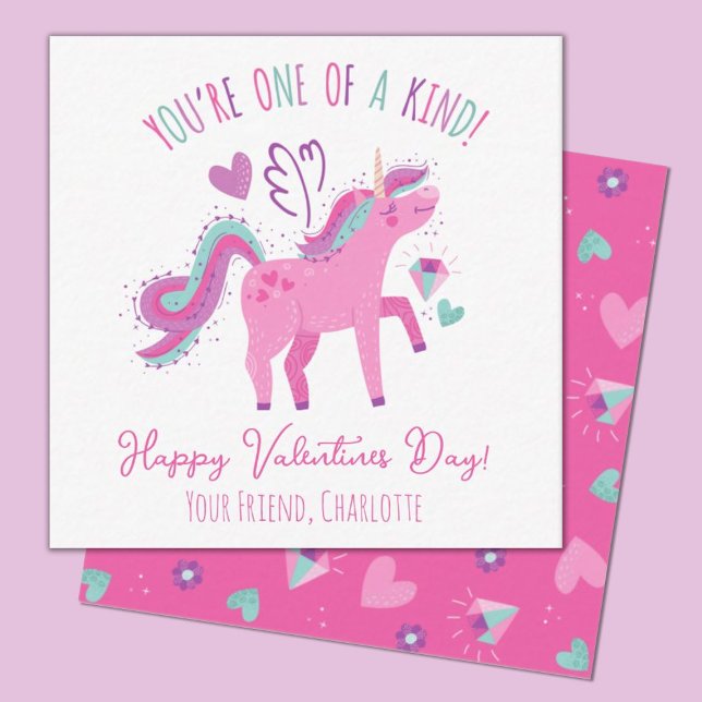 Cute Valentines Day Kids Classroom Unicorn Card (A cute pink unicorn valentines day mini 2.5x2.5 card. Perfect for a kids classroom exchange.)