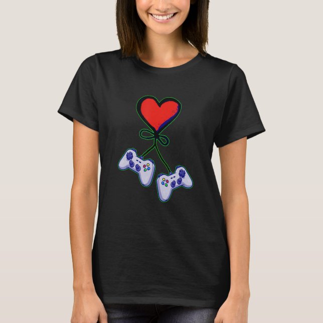 Cute Valentine's Day Matching Couple Video Gamer T-Shirt (Front)