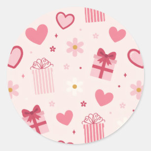 Cute Valentine's Day Pattern Pink Hearts and Gifts Classic Round Sticker
