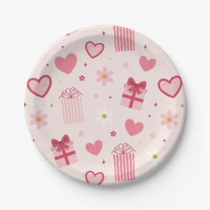 Cute Valentine's Day Pattern Pink Hearts and Gifts Paper Plate