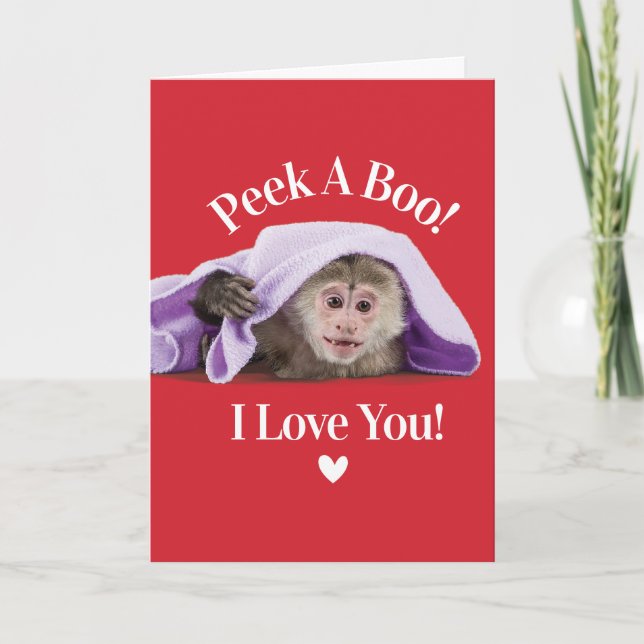 Cute Valentines Day Peek A Boo I Love You Monkey Holiday Card (Front)