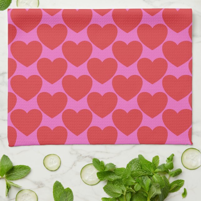 Cute Valentine's Day Pink and Red Heart Pattern Tea Towel (Folded)