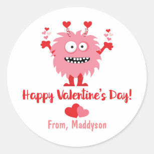 Cute Valentine's Day Pink Monster and Hearts Classic Round Sticker