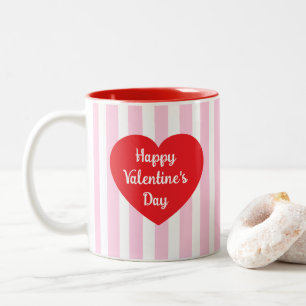 Cute Valentine's Day Pink Stripes Red Heart Two-Tone Coffee Mug