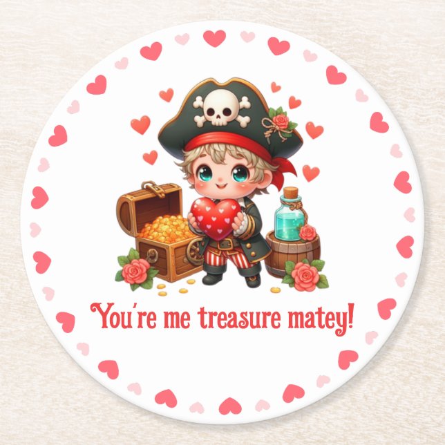 Cute Valentine's day pirate Round Paper Coaster (Front)